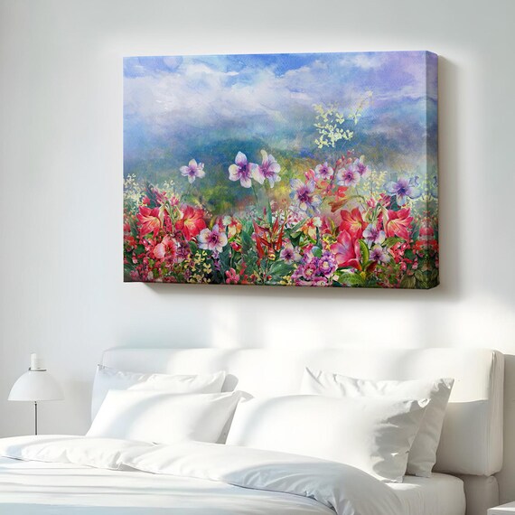 Colorful Watercolor Garden Flowers Blue Sky Botanical Floral Wall Decor Poster