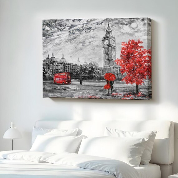 London Big Ben Red Bus Black And White Red Accent City Poster Art