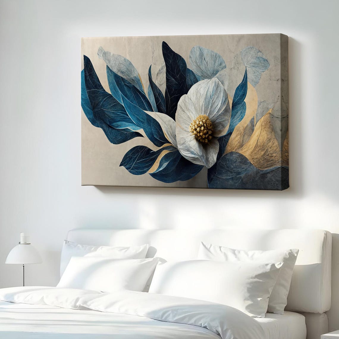 White Flower Navy Blue Gold Leaves Decorative Floral Canvas Poster