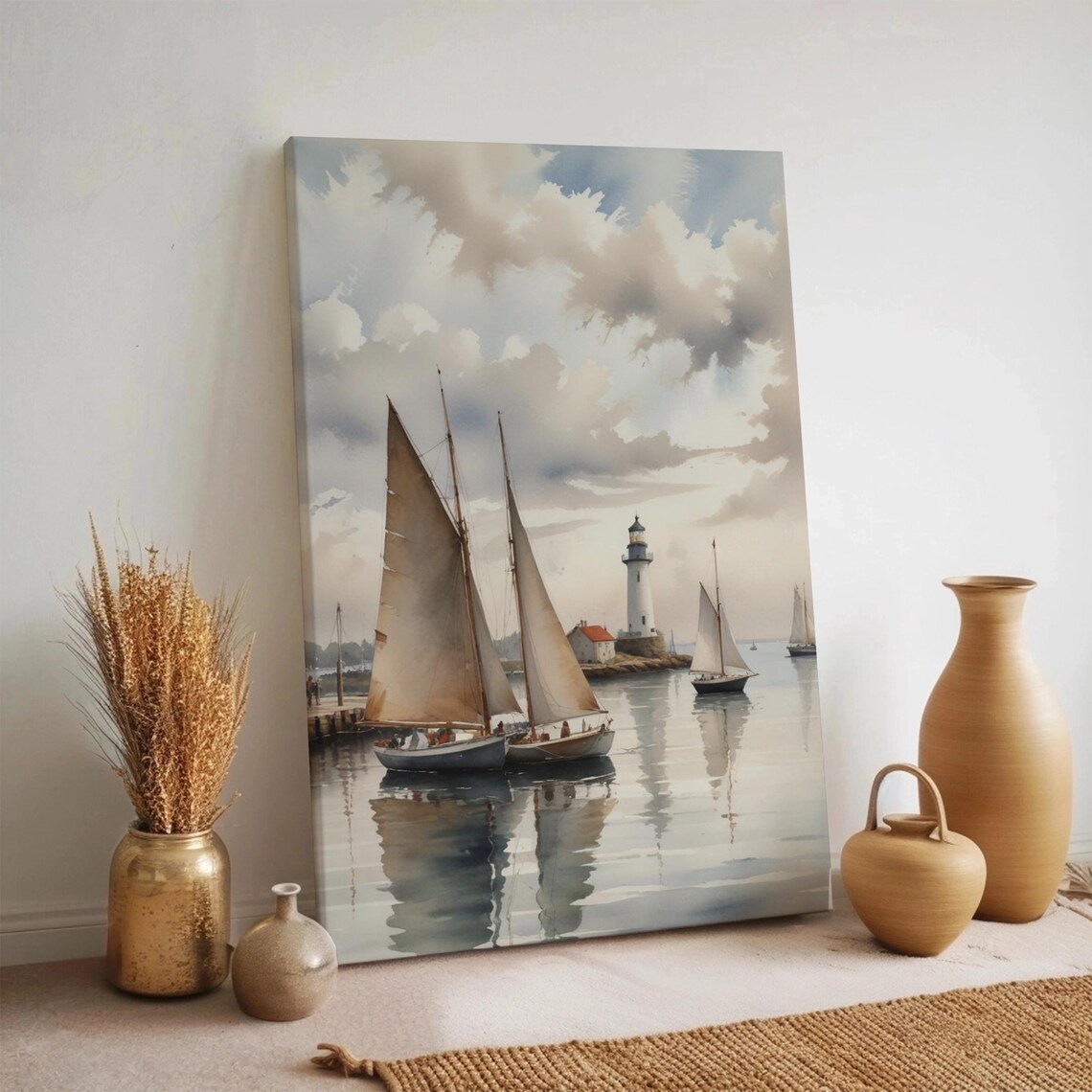 Sailboats by the Lighthouse Watercolor Coastal Harbor Wall Art