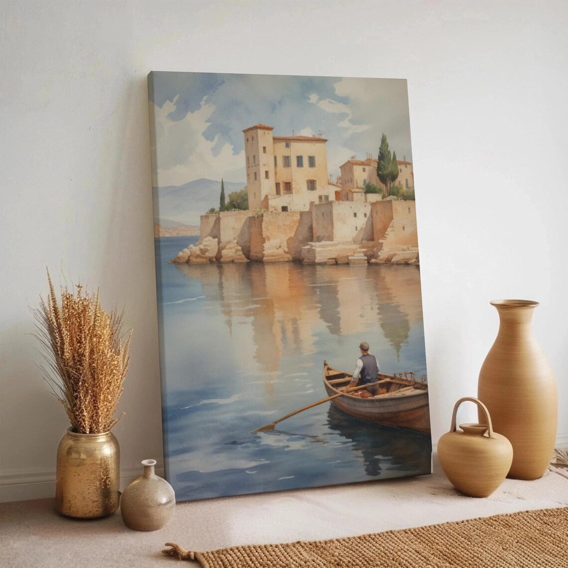 Mediterranean Coastal Village Cliff Seascape Rowboat Fisherman Watercolor Poster