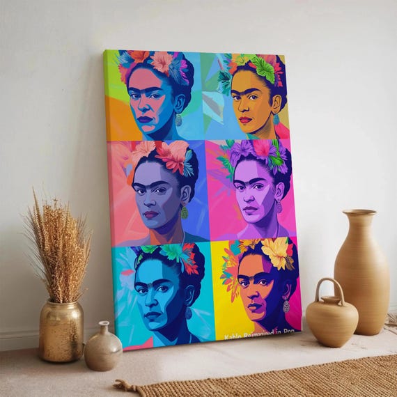 Frida Inspired Canvas Wall Art Colorful Pop Grid Portrait Modern Bold Feminist Decor Multicolor Framed Artwork Iconic Woman Print