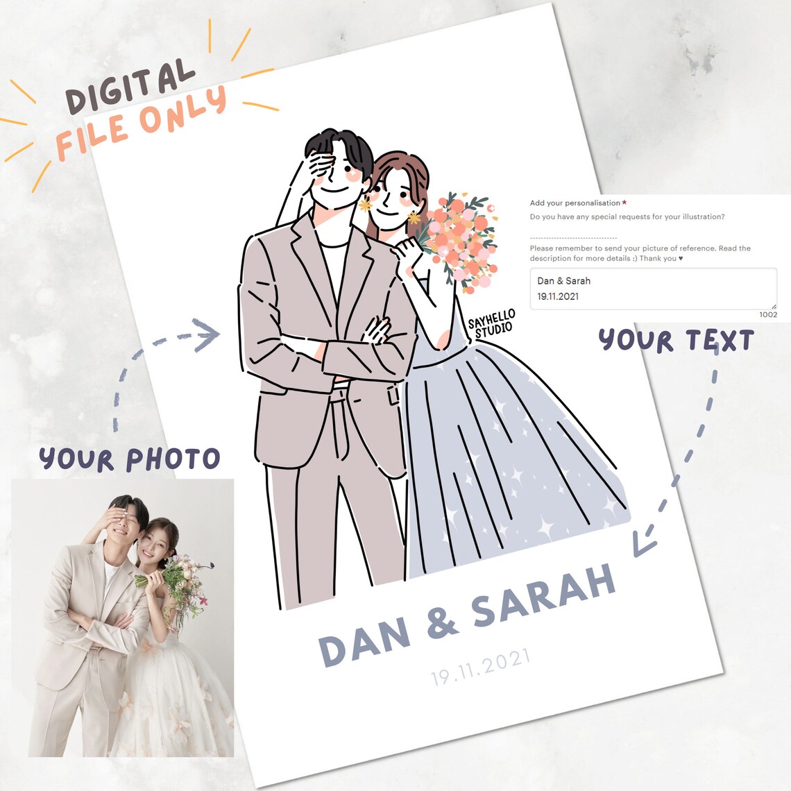 Wedding Couple in Suit and Gown Cartoon Portrait with Bouquet Poster - Image 5