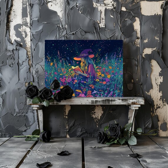 Magical Night Witch Reading a Glowing Book in Starlit Wildflowers Poster