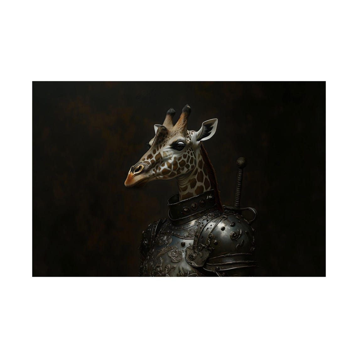 Giraffe Knight In Dark Armor On Black Backdrop Medieval Poster - Image 2