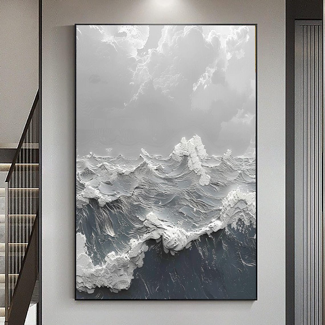 Dark Blue Sea White Foam Clouds Stormy Textured Vertical Ocean Poster - Image 4