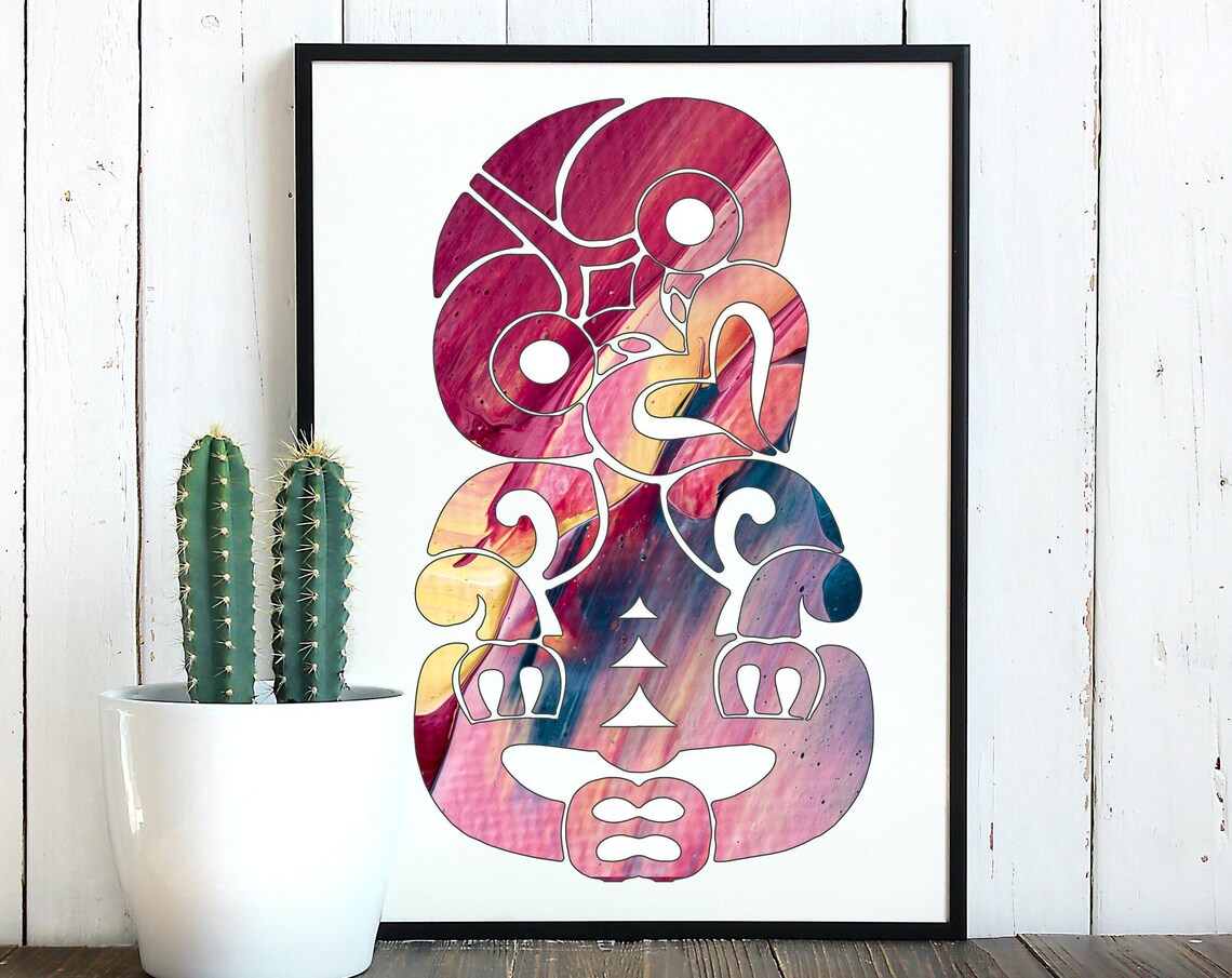 Pink Watercolor Maori Tiki Style Tribal Totem Figure Art Poster