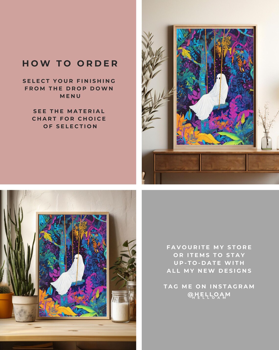 Cute Ghost On Swing In Neon Night Jungle Colorful Flowers Halloween Poster - Image 3
