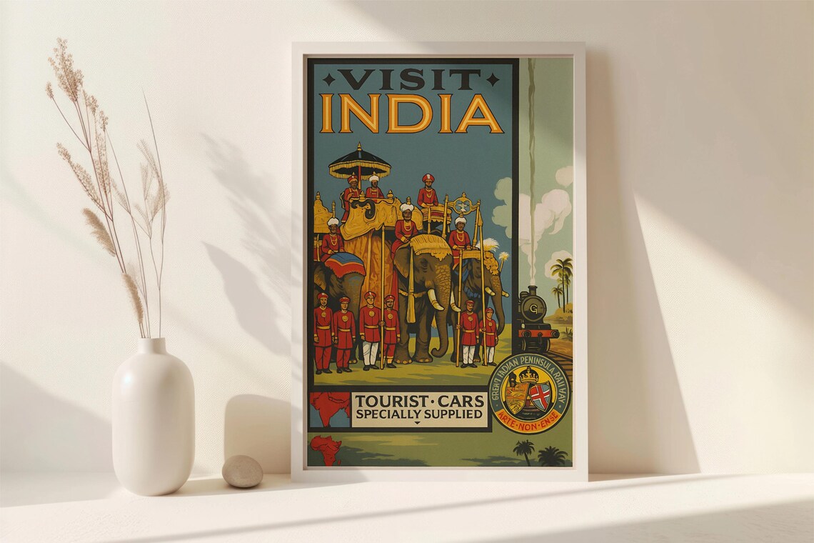Vintage Visit India Railway Tourist Cars Elephant Travel Poster