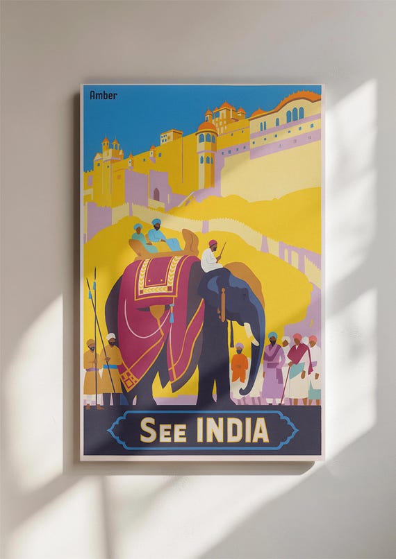 India Travel Poster Amber Fort Wall Art Gift For Her Decor Elephant Ride Vintage Print Home Artwork