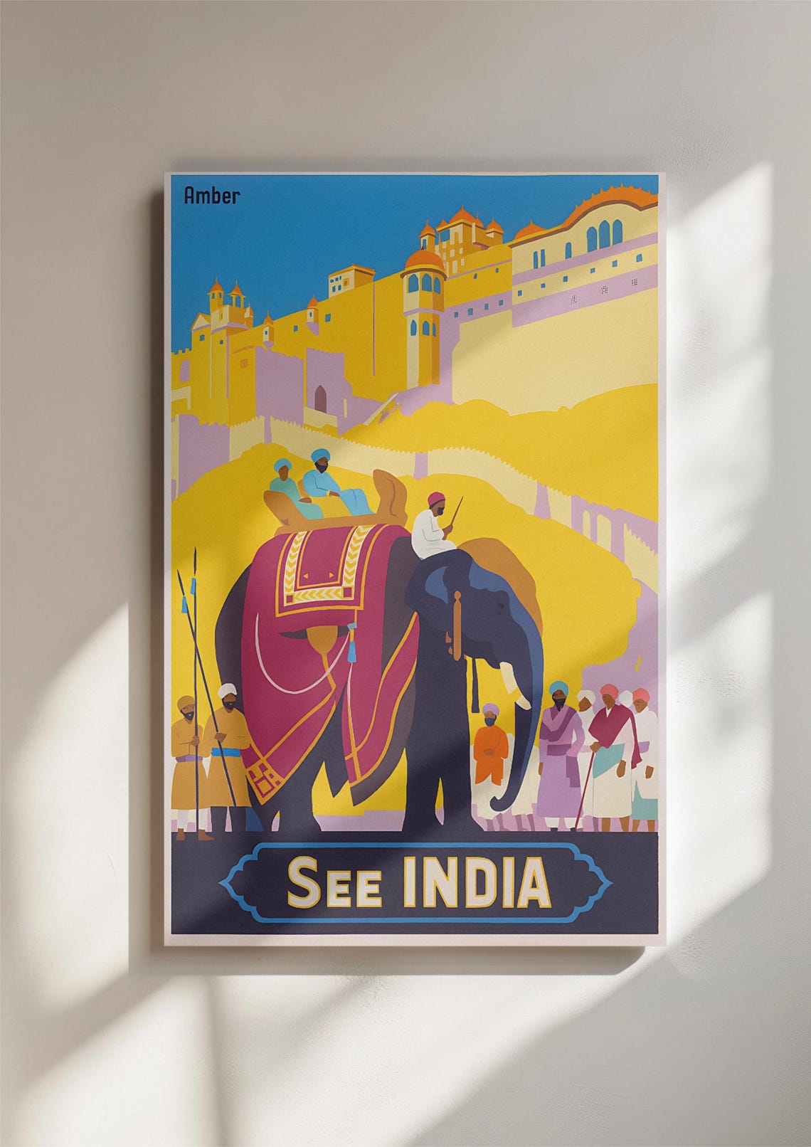 Vintage See India Amber Fort Elephant Procession Heritage Poster