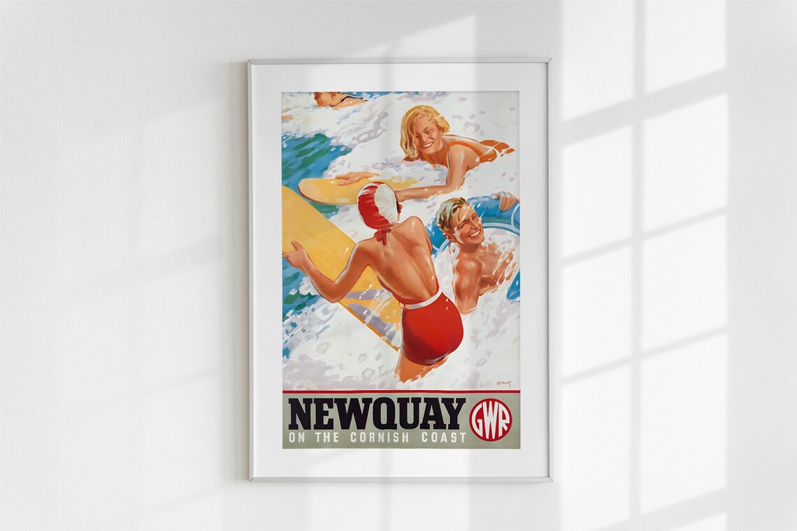 Newquay Cornish Coast Vintage GWR Surf Beach Travel Art Poster