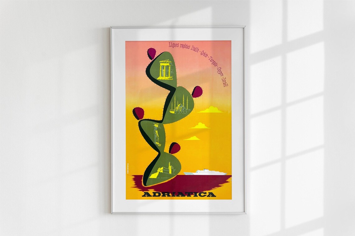 Vintage Adriatica Shipping Line Cactus Cruise Ship Art Poster