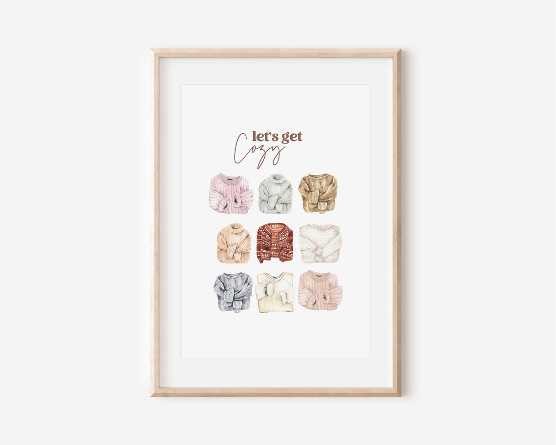 Lets Get Cozy Watercolor Knit Sweaters Print Neutral Winter Wall Art - Image 3
