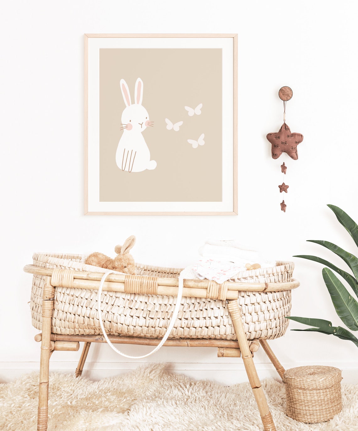 White Bunny Butterflies Minimal Nursery Wall Art Neutral Beige Print - Image 5
