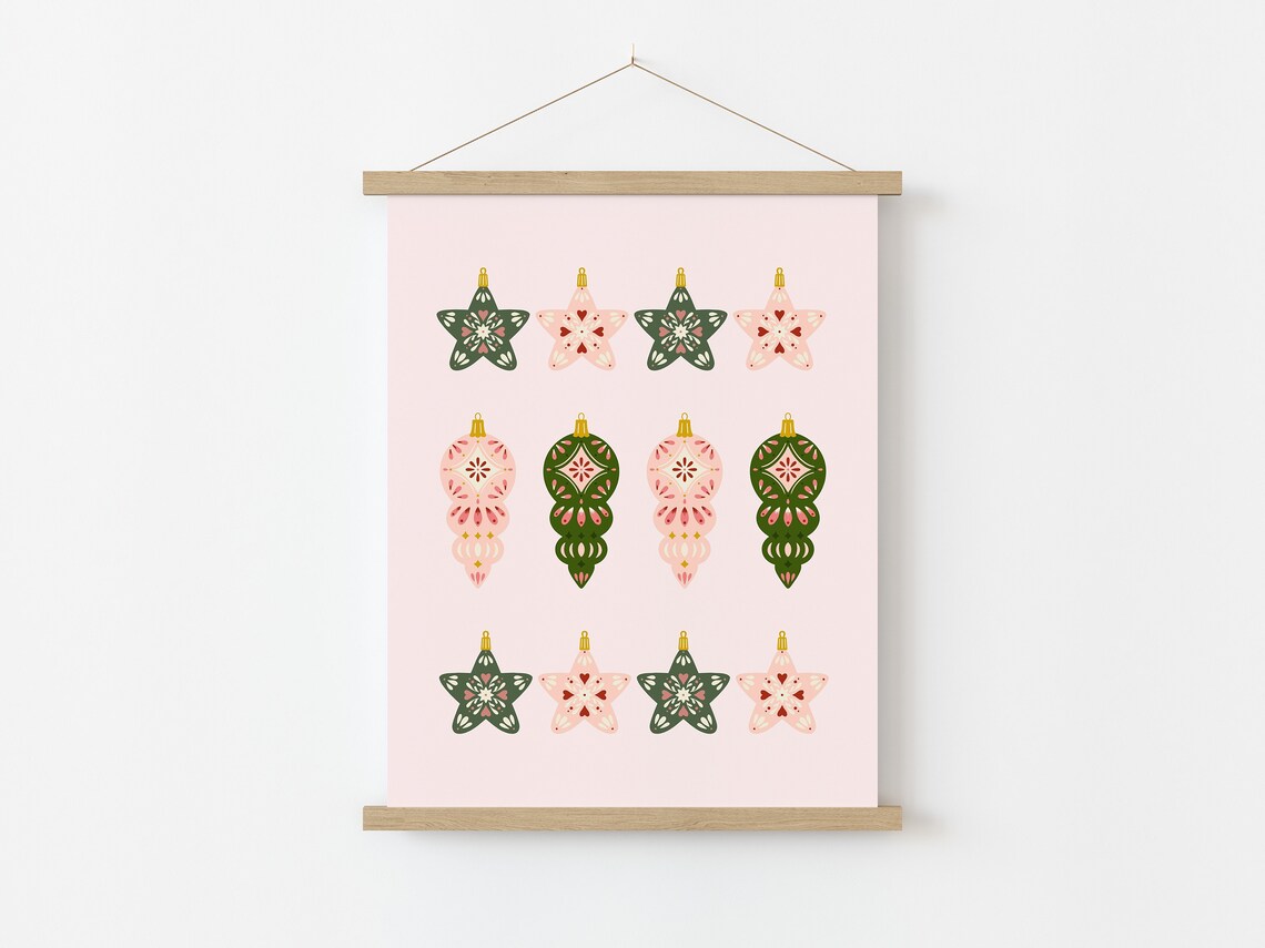 Retro Christmas Ornament Art Print, Pink Green Holiday Decor - Image 3