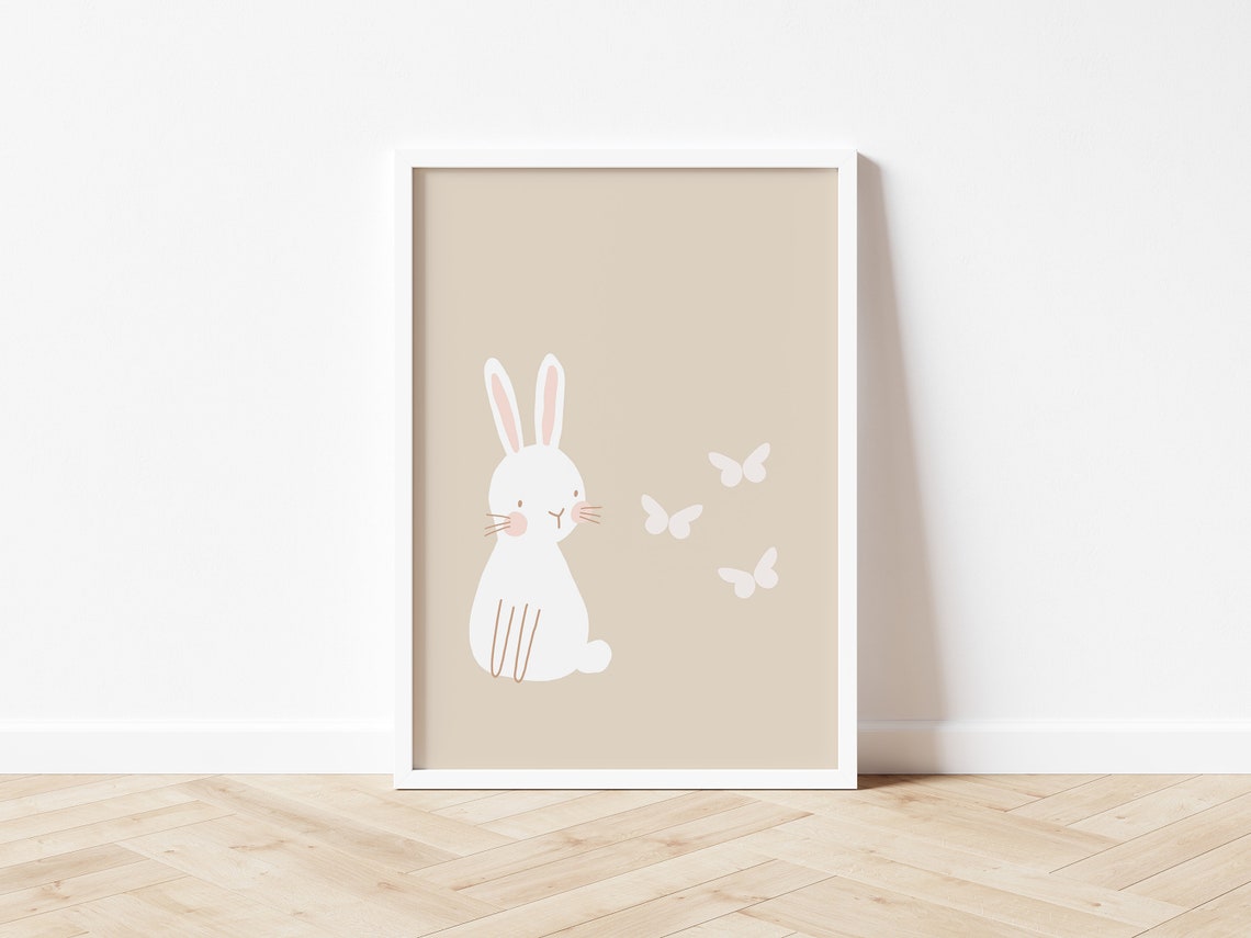 White Bunny Butterflies Minimal Nursery Wall Art Neutral Beige Print - Image 2