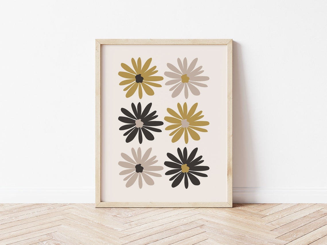 Retro Daisy Flower Grid Print Gold Black Boho Modern Floral Wall Art - Image 5