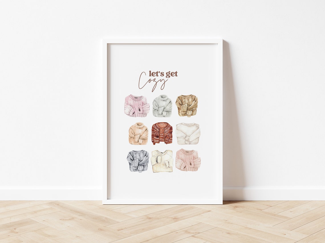 Lets Get Cozy Watercolor Knit Sweaters Print Neutral Winter Wall Art - Image 2