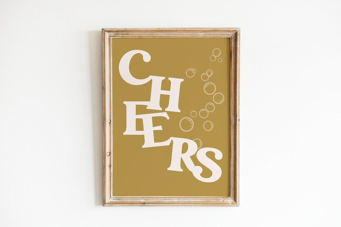 Cheers Retro Typography Print Mustard Gold Bar Cart Party Wall Art - Image 3