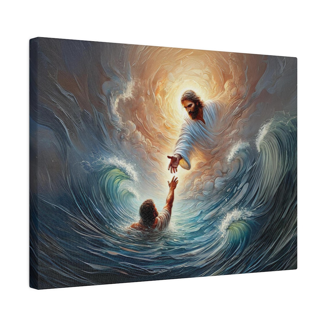 Hopeful Jesus Reaching Sinking Peter In The Stormy Sea Poster