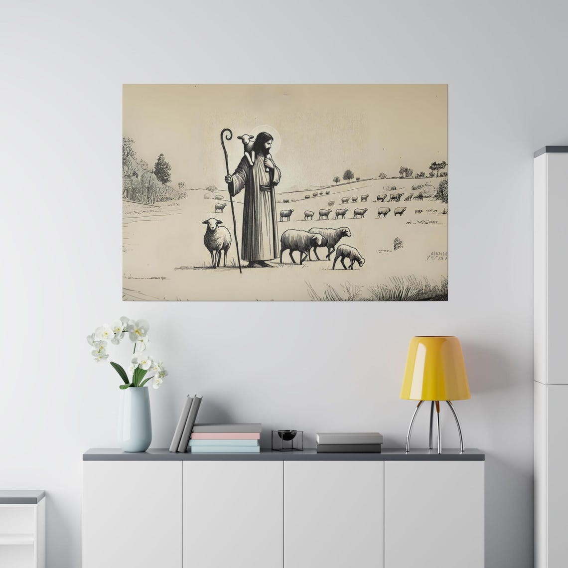 The Good Shepherd Jesus With Lamb Monochrome Sketch Bible Art Poster - Image 2