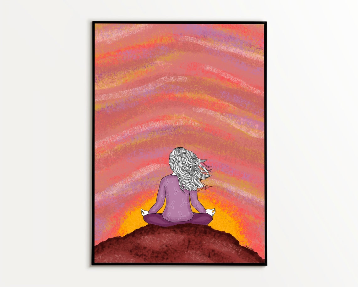 Woman Meditating at Sunset Colorful Mindfulness Poster for Her