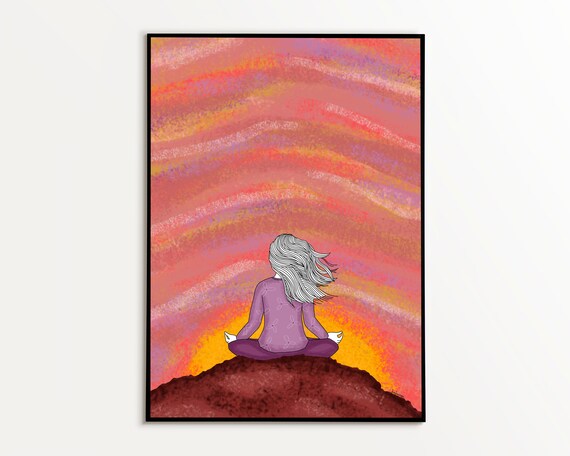 Woman Meditating at Sunset Colorful Mindfulness Poster for Her