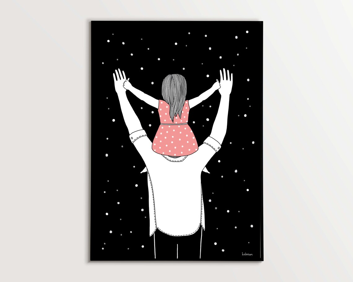 Father Carrying Daughter on Shoulders Under a Starry Sky Poster