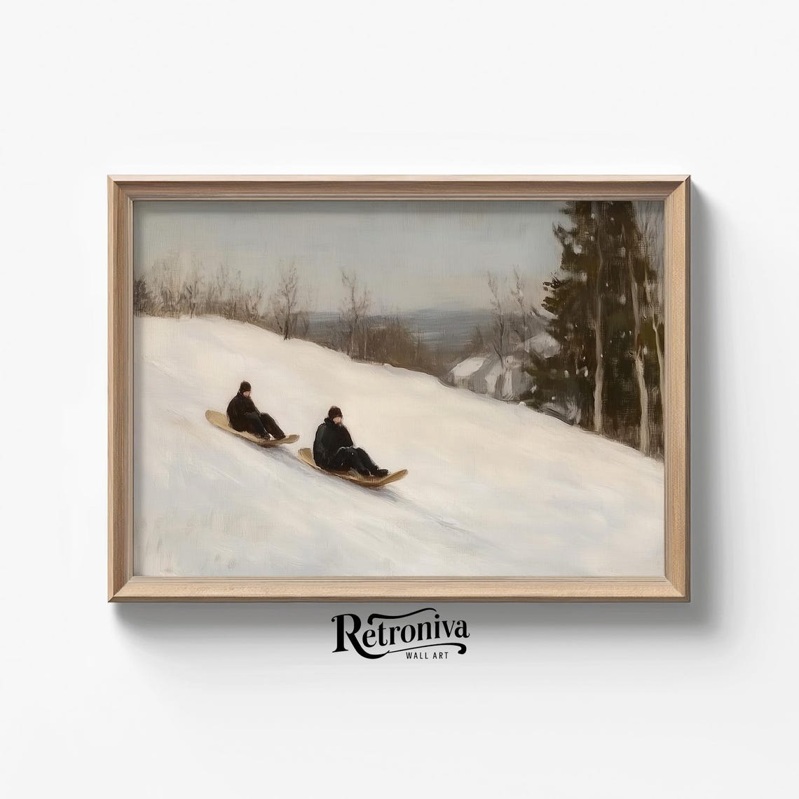 Vintage Winter Sledding Scene Two Sledders On A Snowy Hill Poster