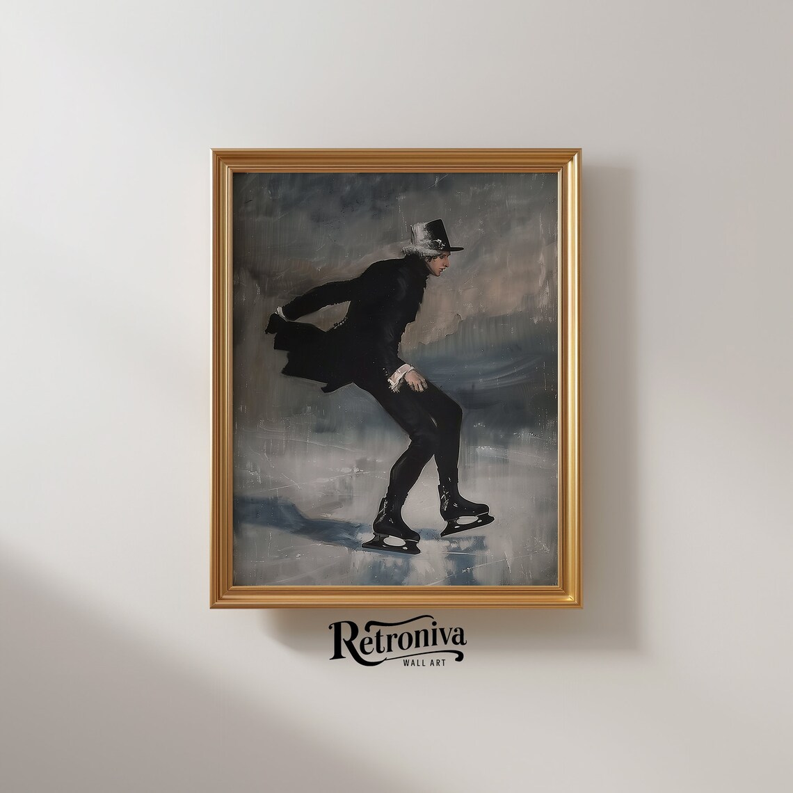 Victorian Gentleman Ice Skating in Top Hat Moody Winter Painting Poster - Image 2