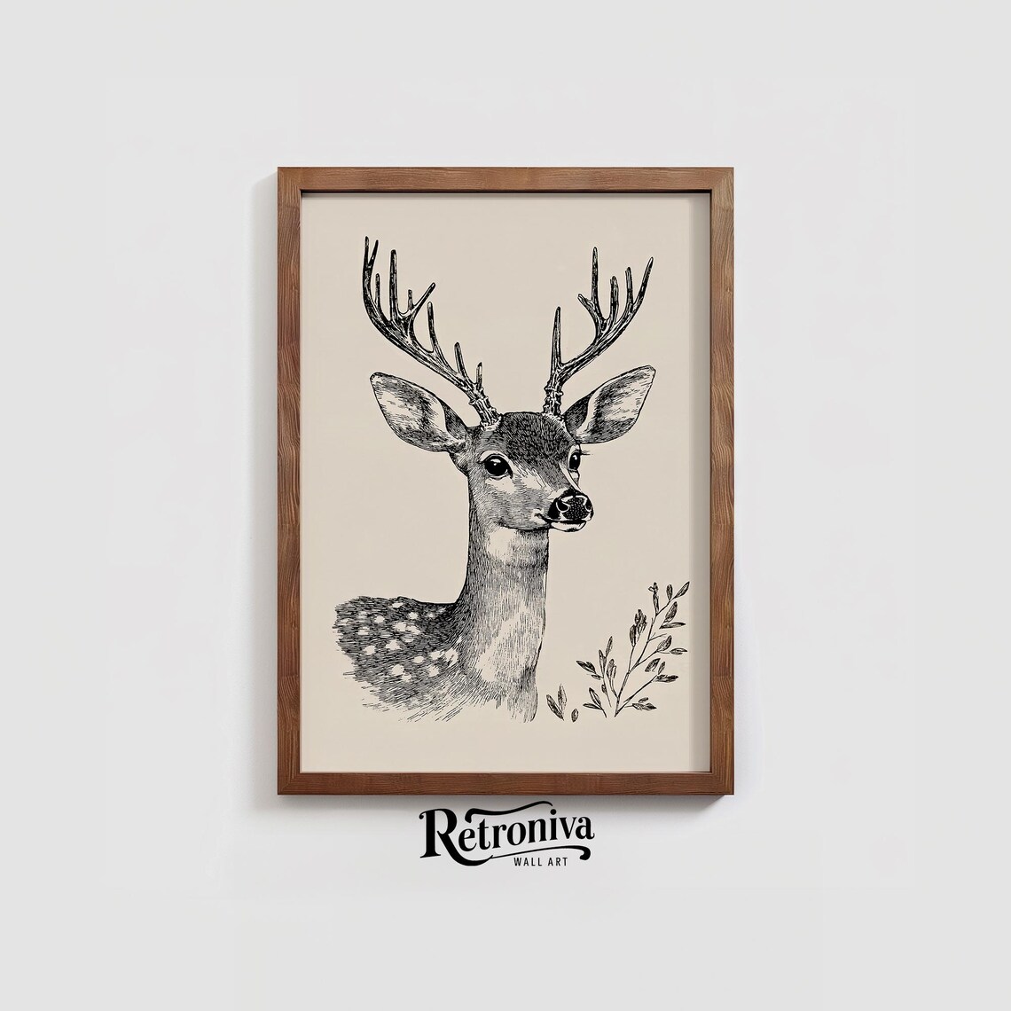 Antique Ink Drawing Of A Stag With Antlers On Cream Paper Poster - Image 3