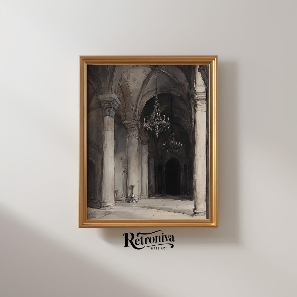 Abandoned Gothic Church Interior Arches Chandeliers Moody Poster - Image 2