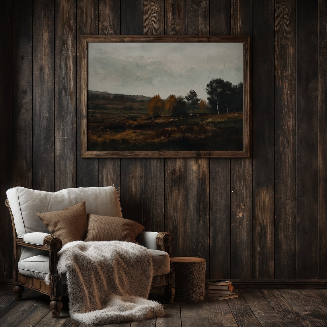 Dark Moody Autumn Marsh Fields Sparse Trees Vintage Landscape Poster - Image 3