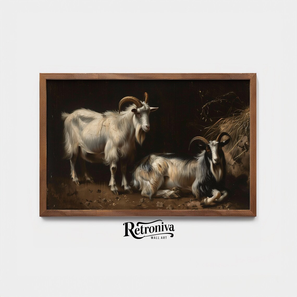Two Goats In Dark Barn Vintage Rustic Farm Animal Painting Poster - Image 3