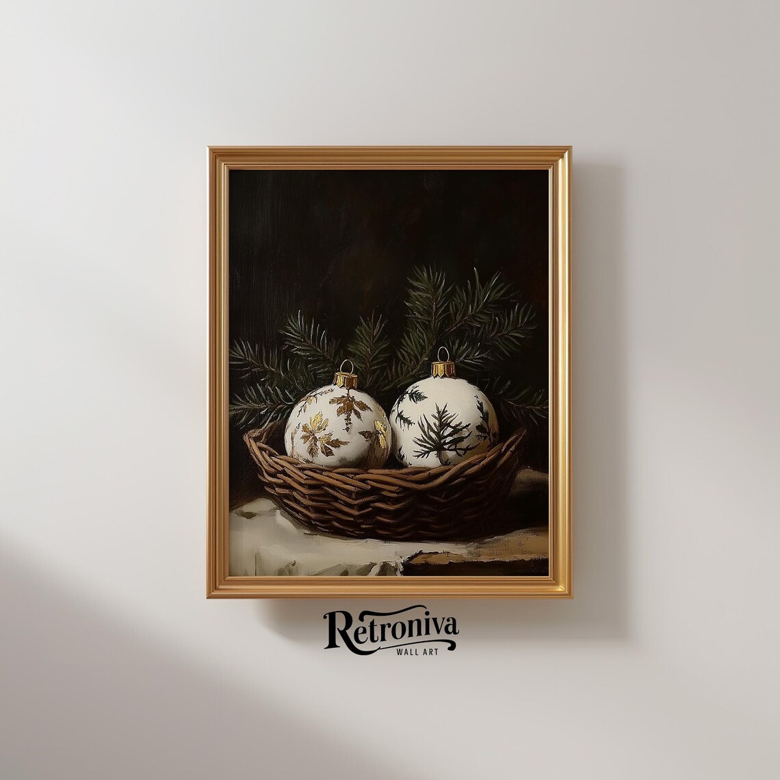 White Christmas Baubles Basket Dark Moody Vintage Still Life Poster - Image 2
