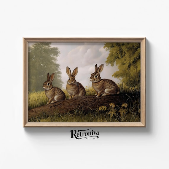 Three Brown Rabbits on Log Vintage Woodland Bunny Painting Poster