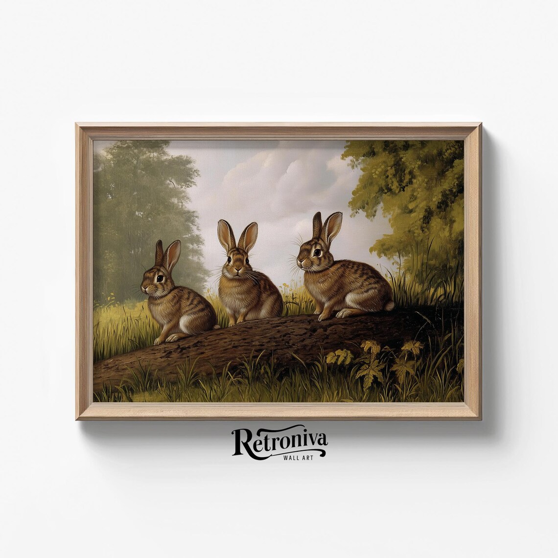 Three Brown Rabbits on Log Vintage Woodland Bunny Painting Poster