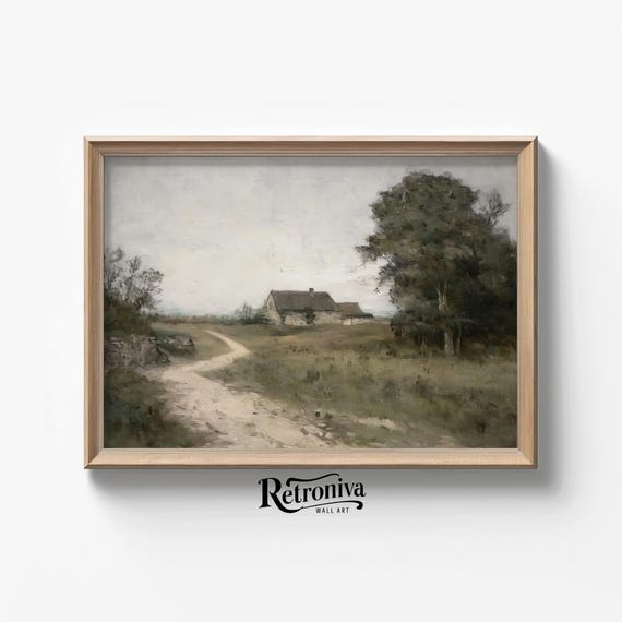 Rustic Countryside Cottage Landscape Vintage Oil Painting Moody Country Art Print Farmhouse Wall Decor Retroniva Art Lnd 013