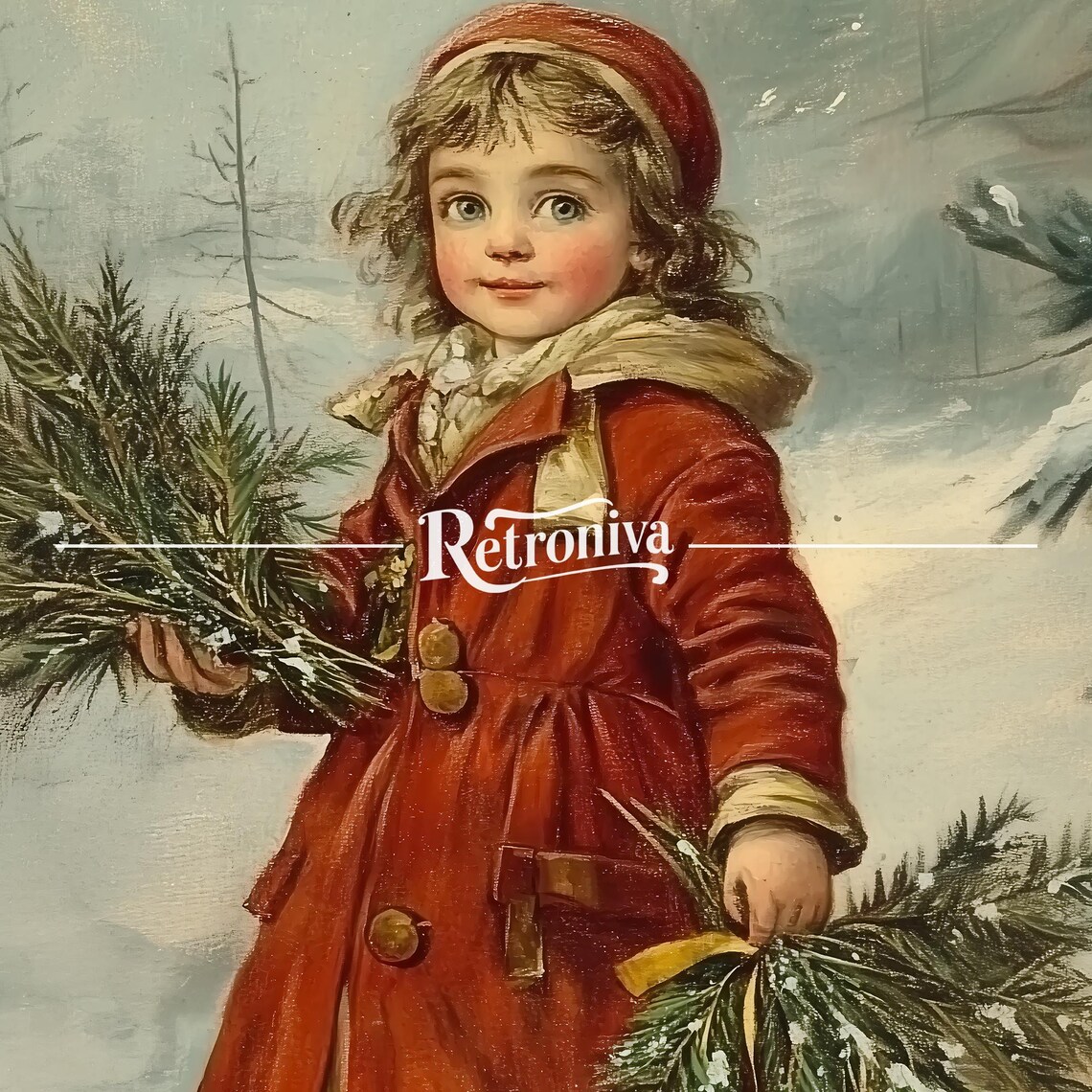 Vintage Christmas Girl In Red Coat Holding Evergreen Boughs Poster - Image 7