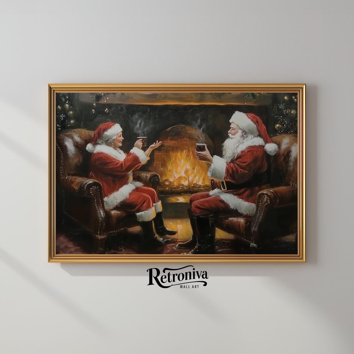 Old Couple In Santa Claus Mrs Claus Costume Scene Vintage Oil Painting Couple Christmas Art Print Retroniva Art Cpl 009
