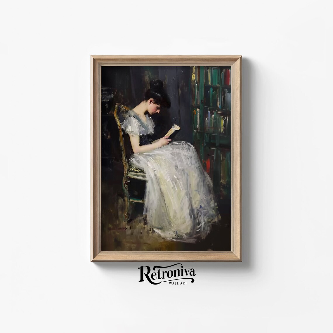 Woman Reading Book White Gown Dark Library Vintage Portrait Painting Poster - Image 7