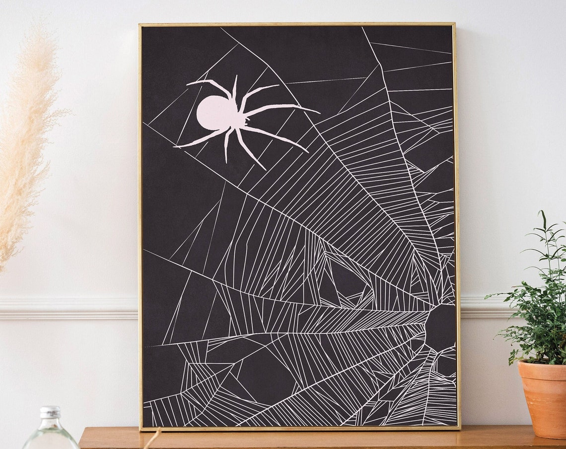 Moody Pink Spider Crawling on a Stark Black Web Halloween Wall Art