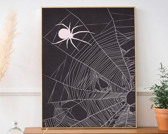 Moody Pink Spider Crawling on a Stark Black Web Halloween Wall Art