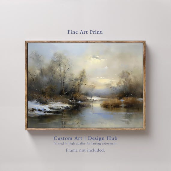 Winter Landscape Art Print Snowy River Rustic Cabin Decor