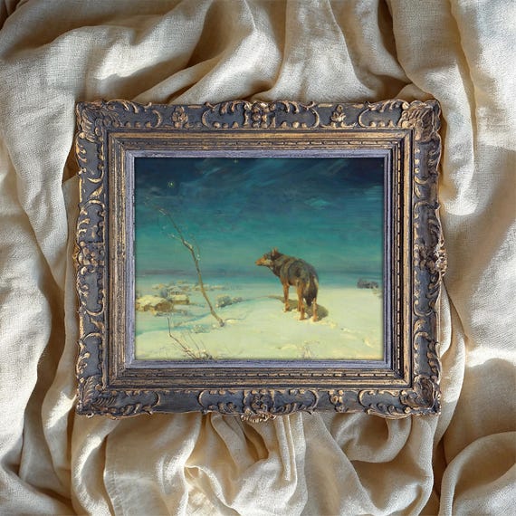Lone Wolf In Winter Landscape Painting Print Night Snow Fine Art Wall Decor