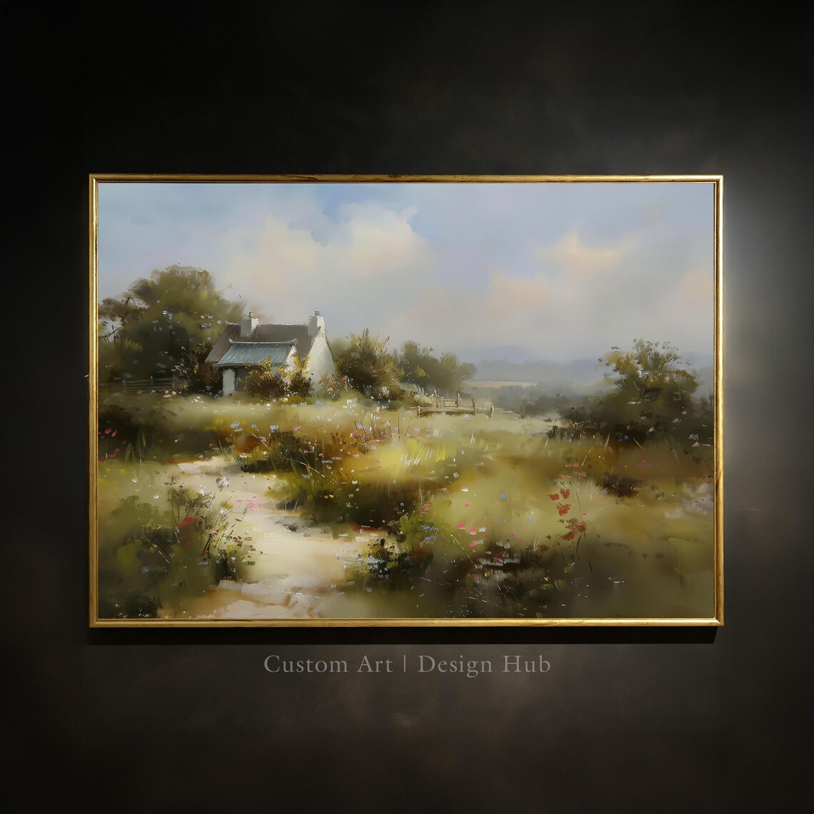 Cottage In Blooming Wildflower Meadow Oil Painting Spring Landscape Poster