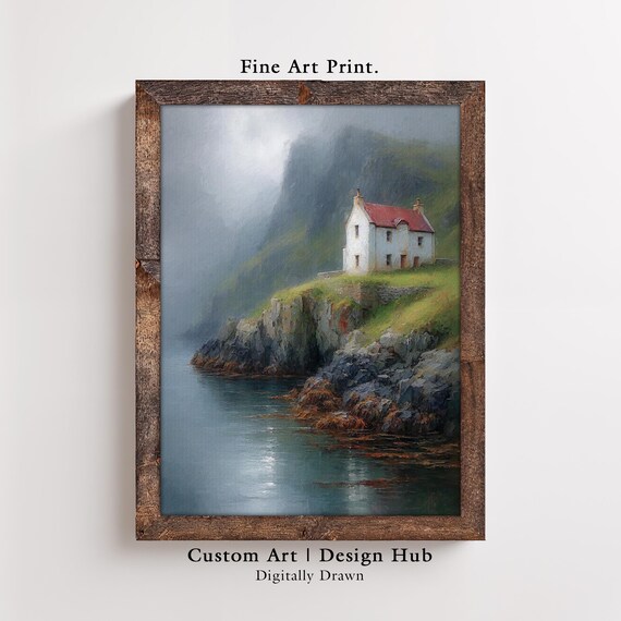 Coastal Cliff Cottage Poster White House Sea View Rustic Painting