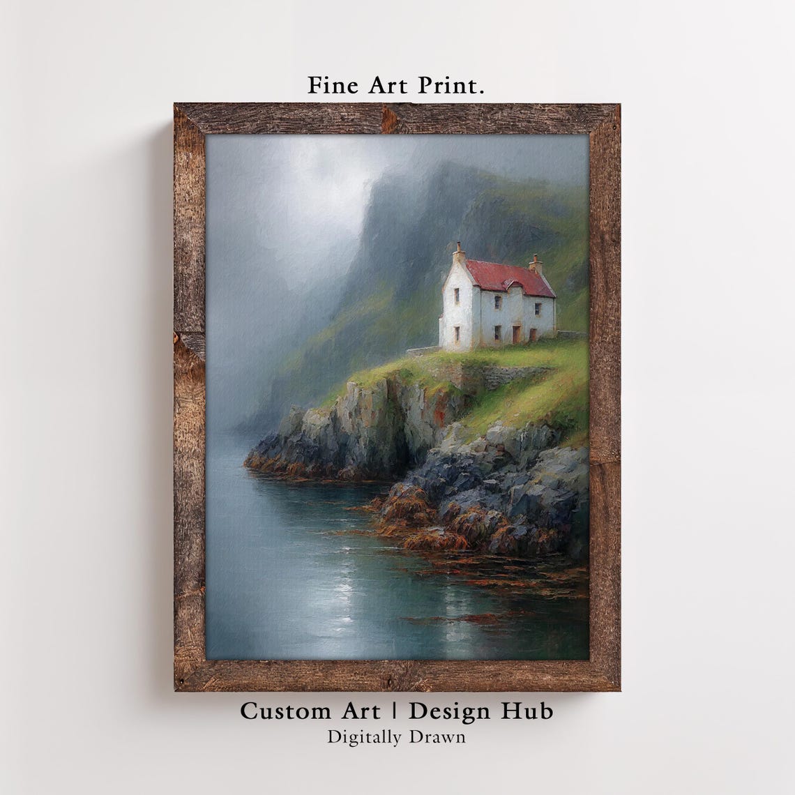 Coastal Cliff Cottage Poster White House Sea View Rustic Painting