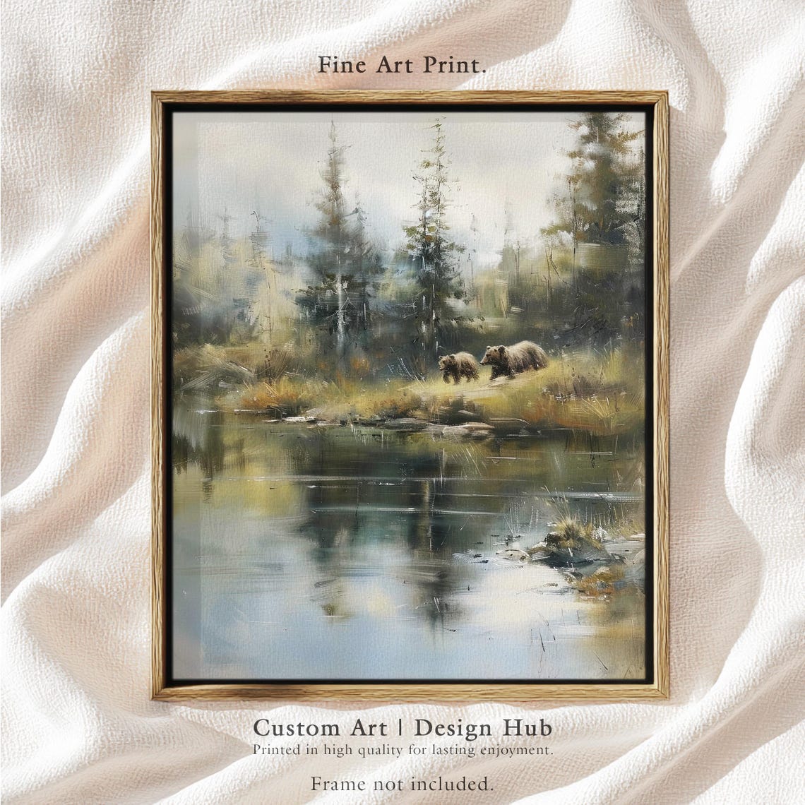 Two Brown Bears Forest Lake Wildlife Nature Painting Art Poster